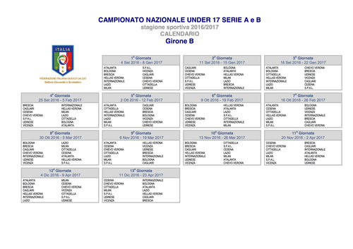 calendario campionato under 17 2016/17